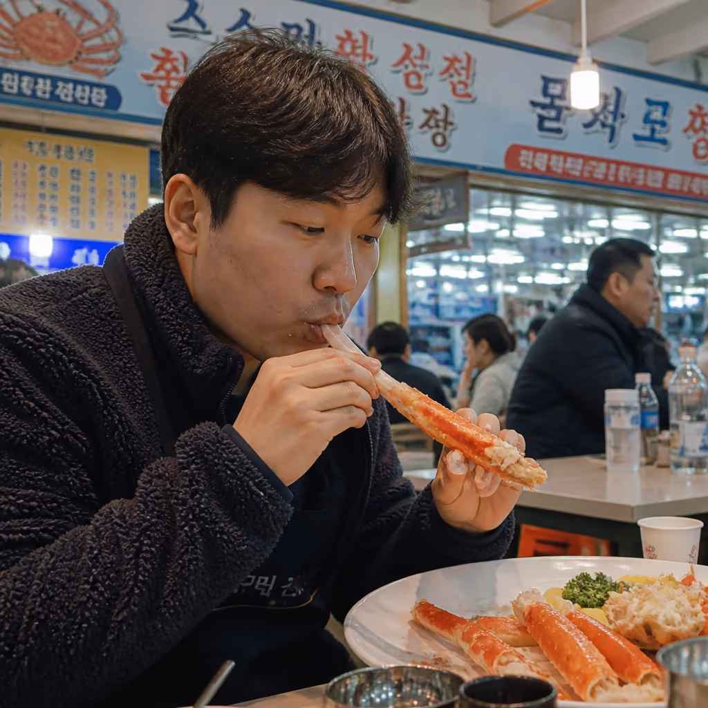 활킹크랩 다리살 빼는법 — 가위 옆면 한 줄·관절 꺾기·빨대 3단계, 매장 시연 그대로 — 현장 사진 3, 기장 청해왕대게 25년차 활어상 정영진 대표 촬영