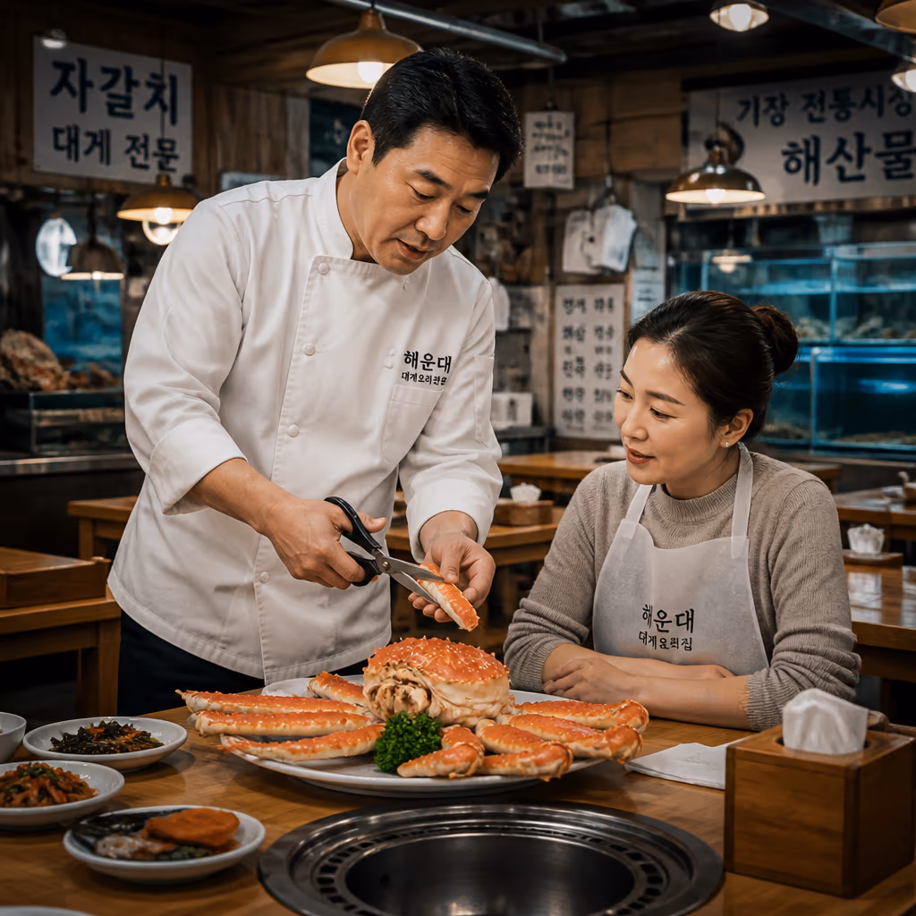 활킹크랩 다리살 빼는법 — 가위 옆면 한 줄·관절 꺾기·빨대 3단계, 매장 시연 그대로 — 갤러리 3, 기장 청해왕대게 현장 사진