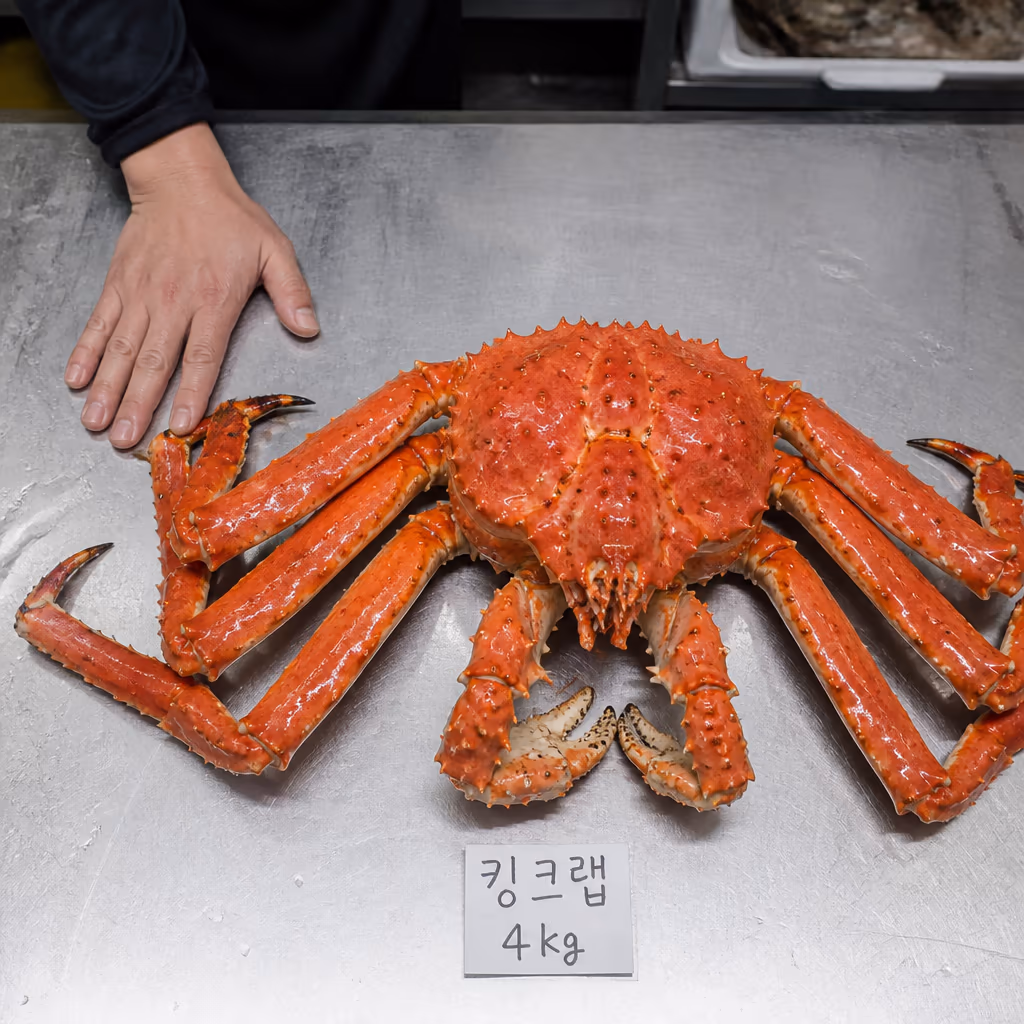 활킹크랩 찌는법 — 4kg 25분·5kg 32분·6kg 38분, 매장 25kg 찜기 30회 측정 데이터 — 현장 사진 1, 기장 청해왕대게 25년차 활어상 정영진 대표 촬영