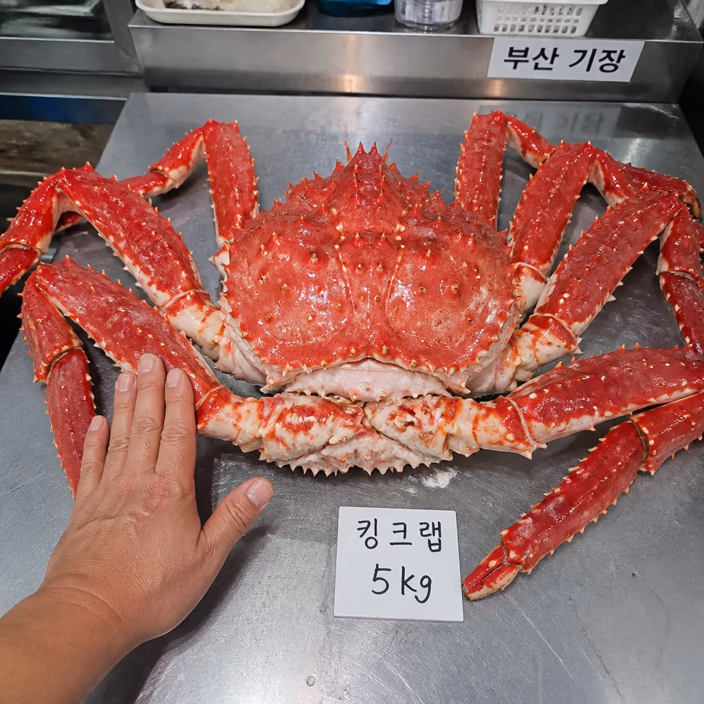 활킹크랩 찌는법 — 4kg 25분·5kg 32분·6kg 38분, 매장 25kg 찜기 30회 측정 데이터 — 현장 사진 2, 기장 청해왕대게 25년차 활어상 정영진 대표 촬영