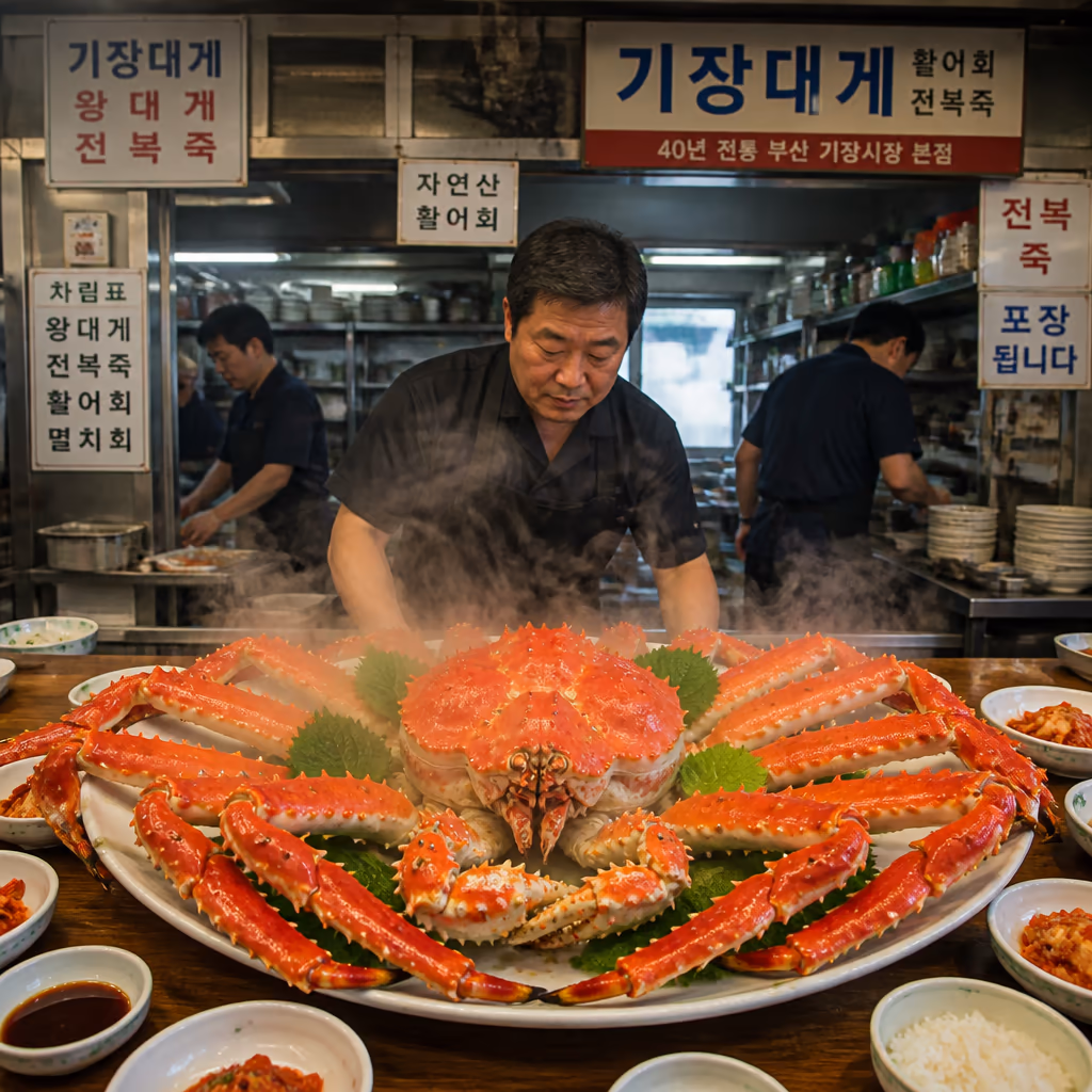 활킹크랩 찌는법 — 4kg 25분·5kg 32분·6kg 38분, 매장 25kg 찜기 30회 측정 데이터 — 갤러리 1, 기장 청해왕대게 현장 사진