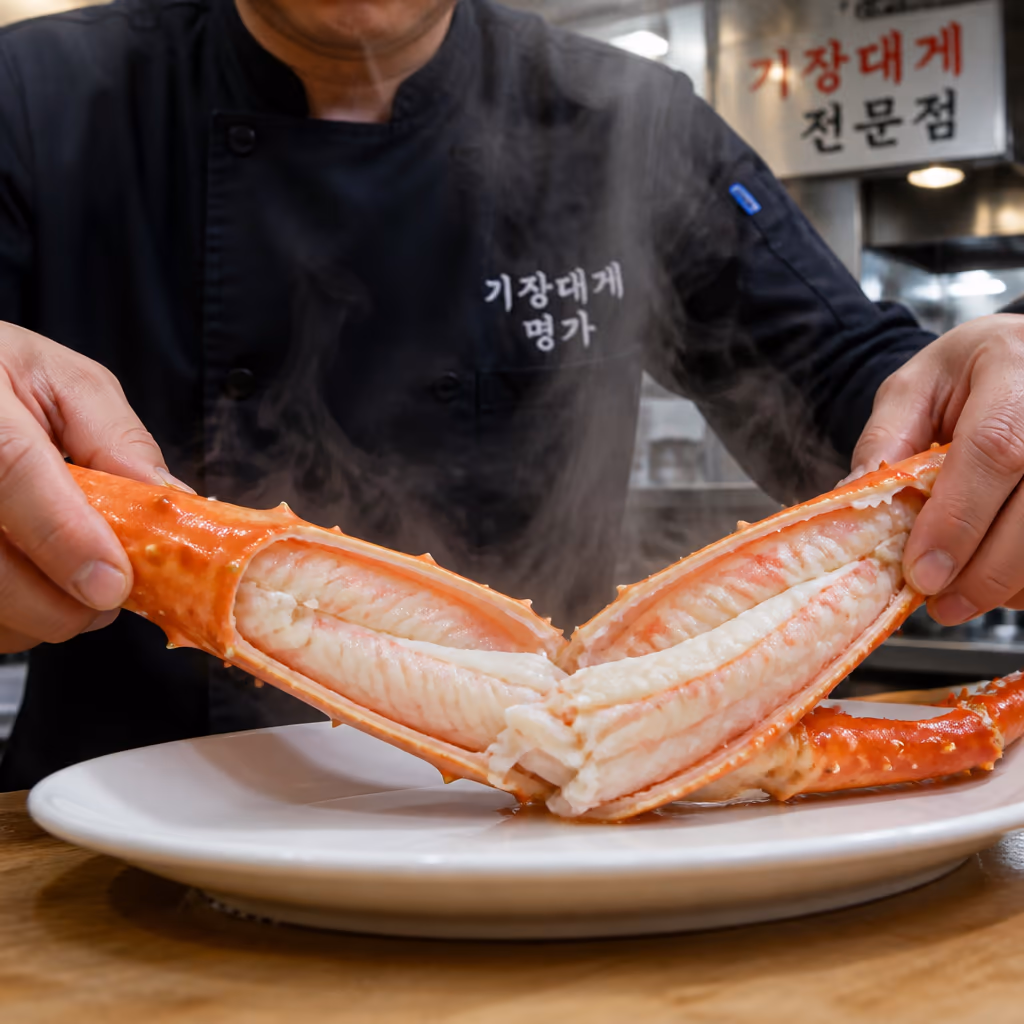 활킹크랩 찌는법 — 4kg 25분·5kg 32분·6kg 38분, 매장 25kg 찜기 30회 측정 데이터 — 갤러리 2, 기장 청해왕대게 현장 사진