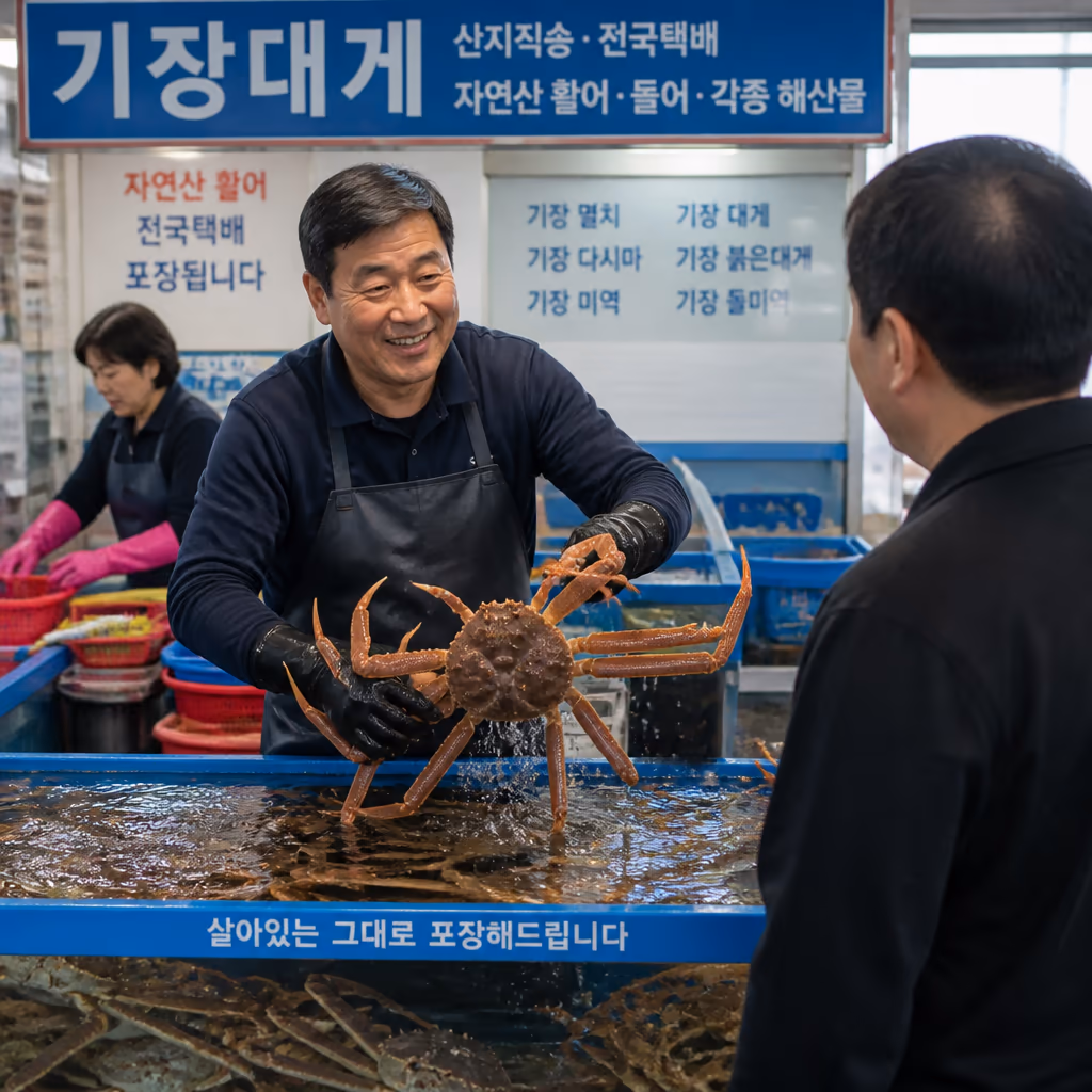 단골 5회차 수율 좋은 대게 우선 배정 시스템이 실제로 어떻게 작동하나 — 현장 사진 2, 기장 청해왕대게 25년차 활어상 정영진 대표 촬영