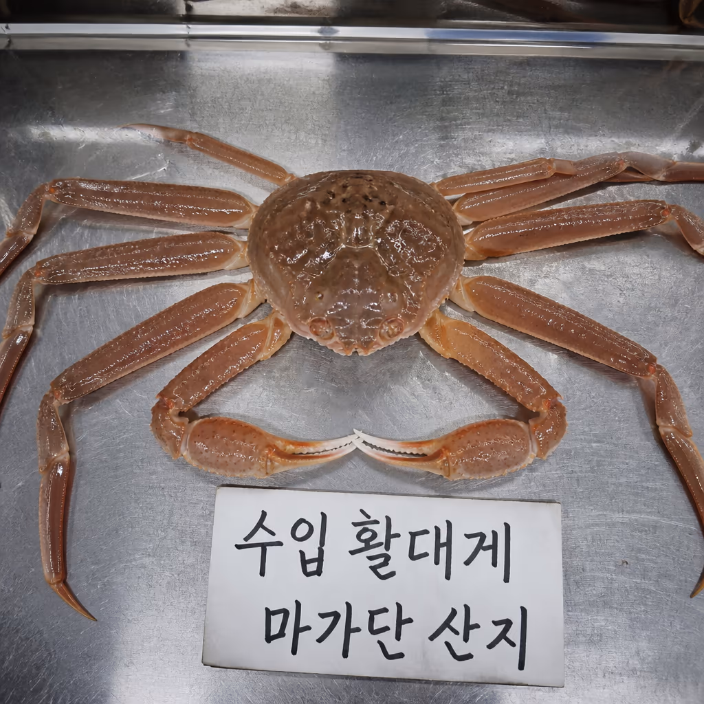 마가단 대게 · 한국 유통의 90%가 러시아산이라는 진짜 이야기, KMI 2025 통계 — 현장 사진 3, 기장 청해왕대게 25년차 활어상 정영진 대표 촬영