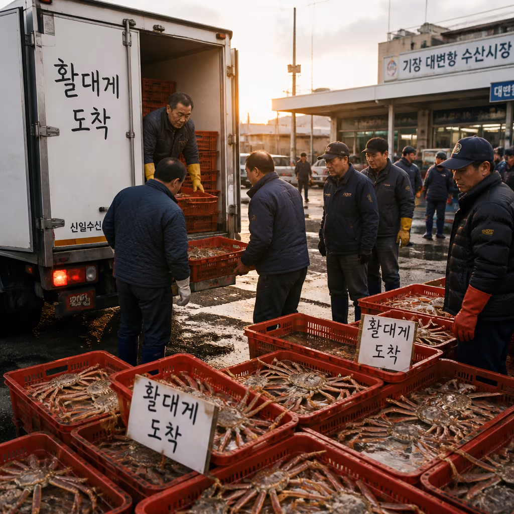 마가단 대게 · 한국 유통의 90%가 러시아산이라는 진짜 이야기, KMI 2025 통계 — 현장 사진 4, 기장 청해왕대게 25년차 활어상 정영진 대표 촬영