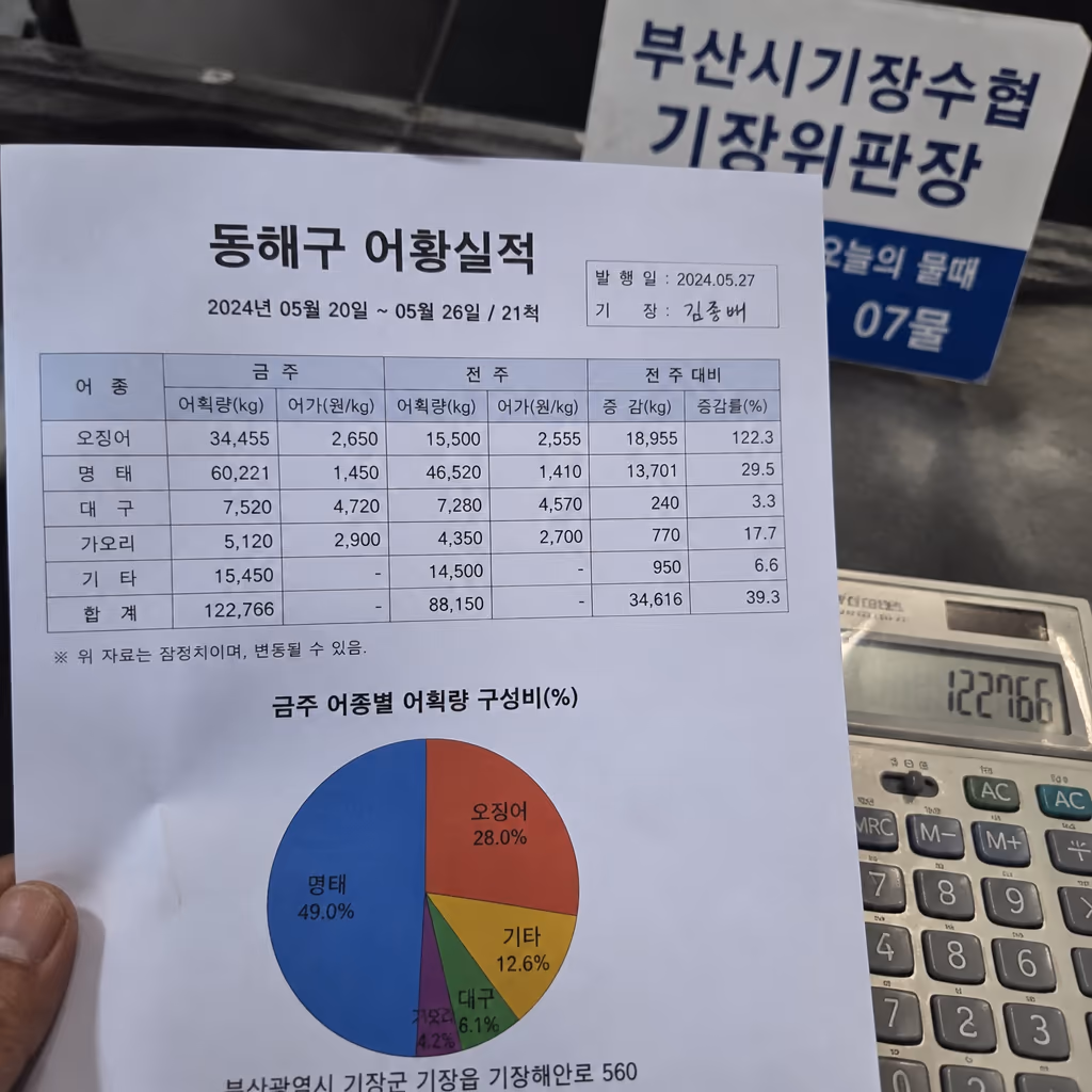 오늘 시세가 평소보다 8% 싼 이유 · 동해안 어획량 데이터 — 현장 사진 1, 기장 청해왕대게 25년차 활어상 정영진 대표 촬영