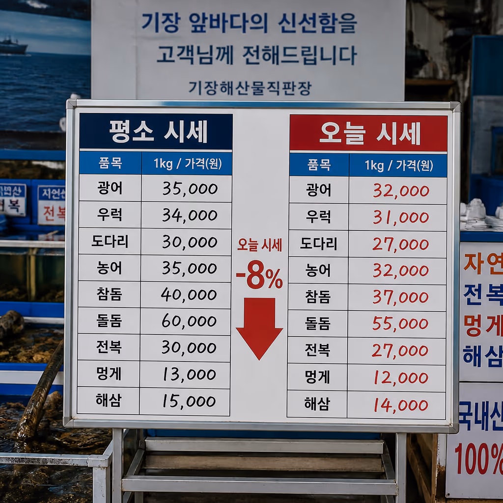 오늘 시세가 평소보다 8% 싼 이유 · 동해안 어획량 데이터 — 현장 사진 4, 기장 청해왕대게 25년차 활어상 정영진 대표 촬영