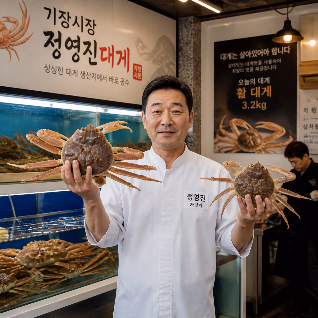 수율 좋은 대게 고르는법 3축 · 다리 마디 단단함·등껍질 광택·무게감, 25년차 0.5초 판별 — 기장 청해왕대게 사장 일지 대표 이미지