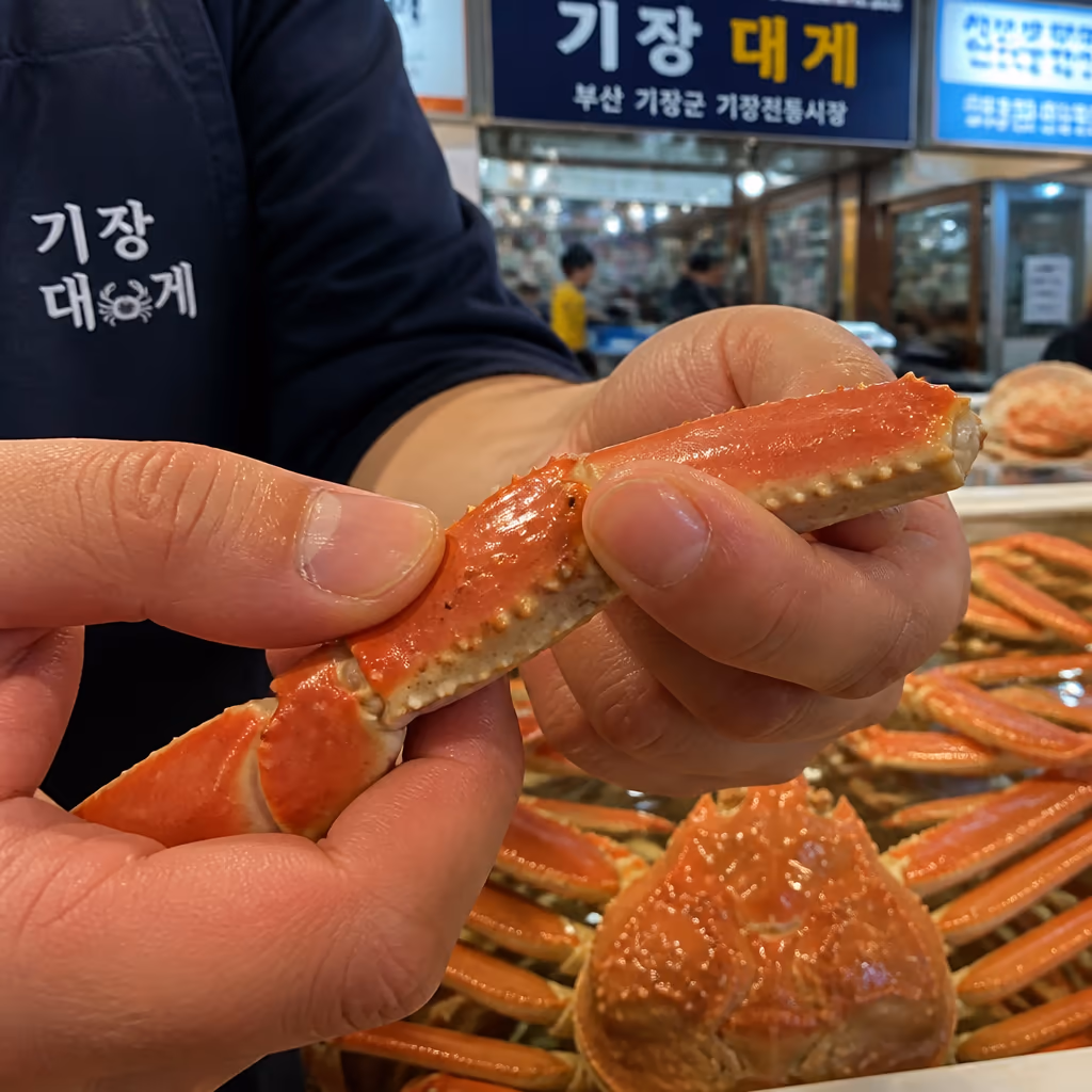 수율 좋은 대게 고르는법 3축 · 다리 마디 단단함·등껍질 광택·무게감, 25년차 0.5초 판별 — 현장 사진 1, 기장 청해왕대게 25년차 활어상 정영진 대표 촬영