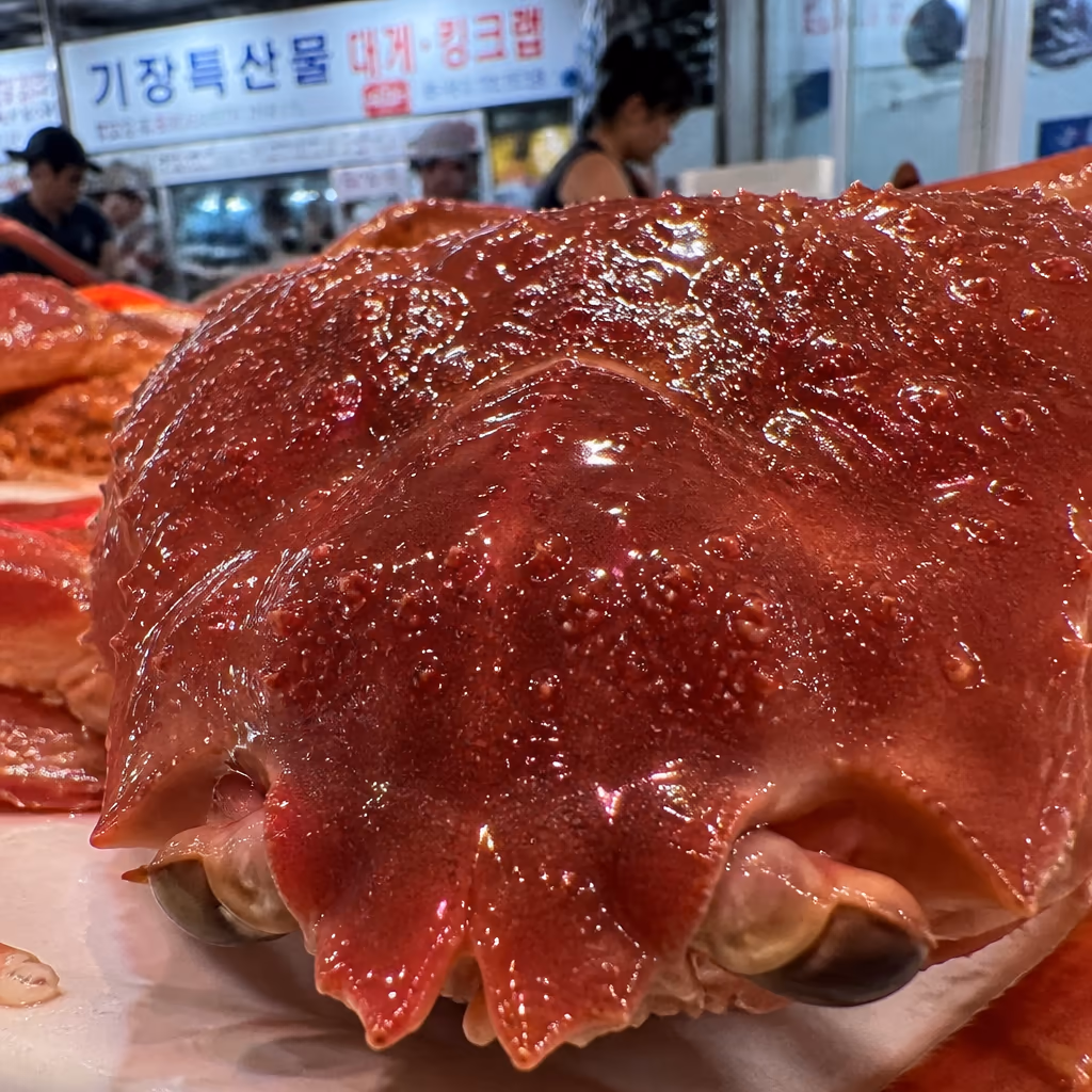 수율 좋은 대게 고르는법 3축 · 다리 마디 단단함·등껍질 광택·무게감, 25년차 0.5초 판별 — 현장 사진 2, 기장 청해왕대게 25년차 활어상 정영진 대표 촬영