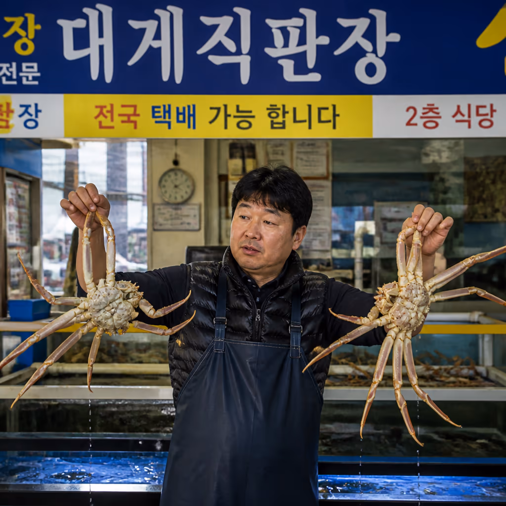 수율 좋은 대게 고르는법 3축 · 다리 마디 단단함·등껍질 광택·무게감, 25년차 0.5초 판별 — 현장 사진 3, 기장 청해왕대게 25년차 활어상 정영진 대표 촬영