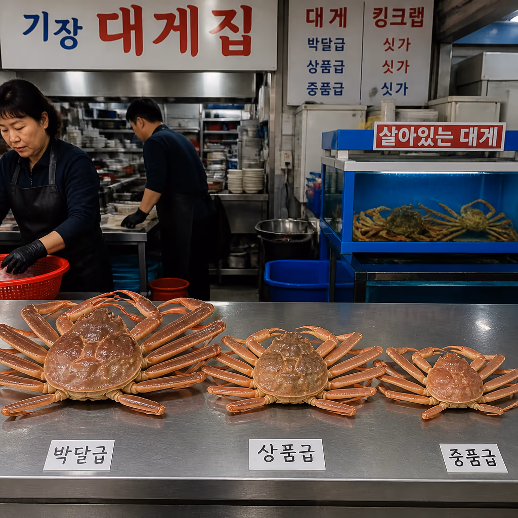 수율 좋은 대게 고르는법 3축 · 다리 마디 단단함·등껍질 광택·무게감, 25년차 0.5초 판별 — 현장 사진 4, 기장 청해왕대게 25년차 활어상 정영진 대표 촬영
