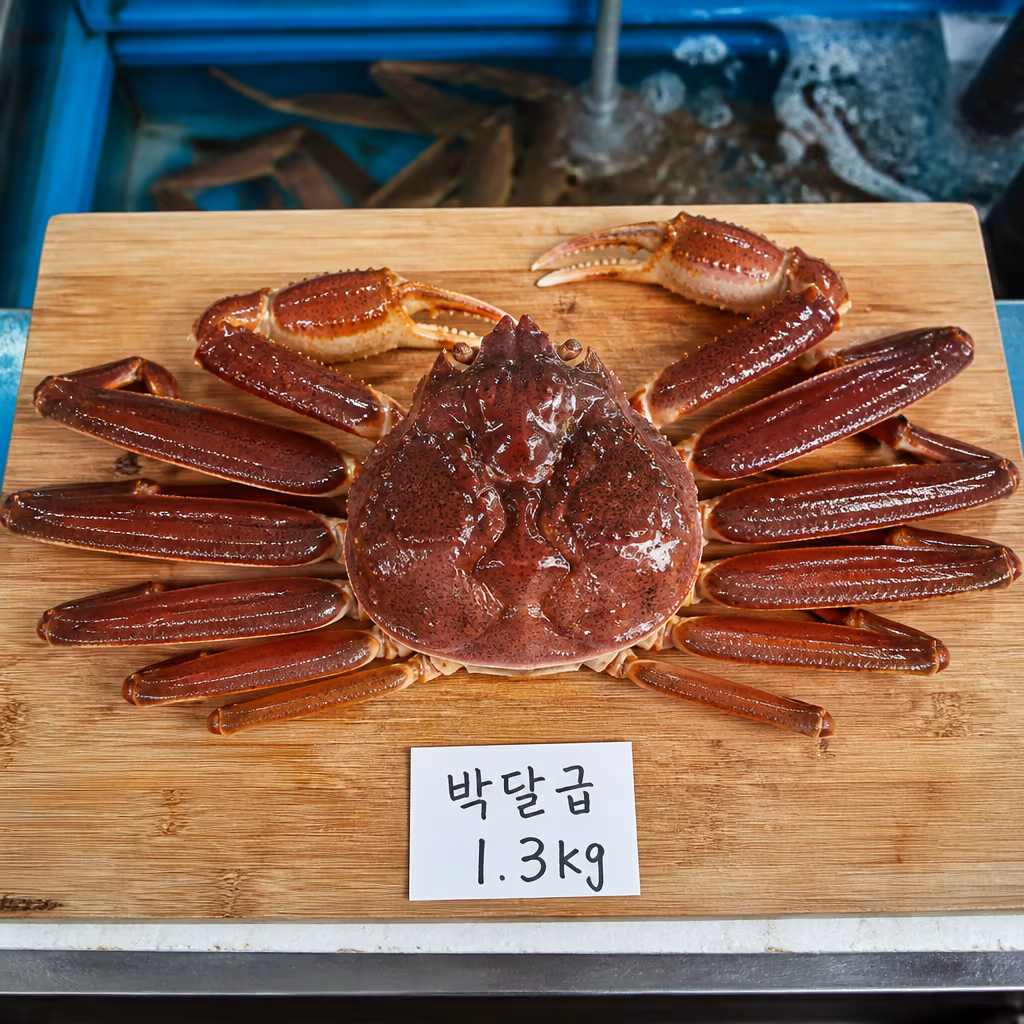 수율 좋은 대게 고르는법 3축 · 다리 마디 단단함·등껍질 광택·무게감, 25년차 0.5초 판별 — 갤러리 1, 기장 청해왕대게 현장 사진
