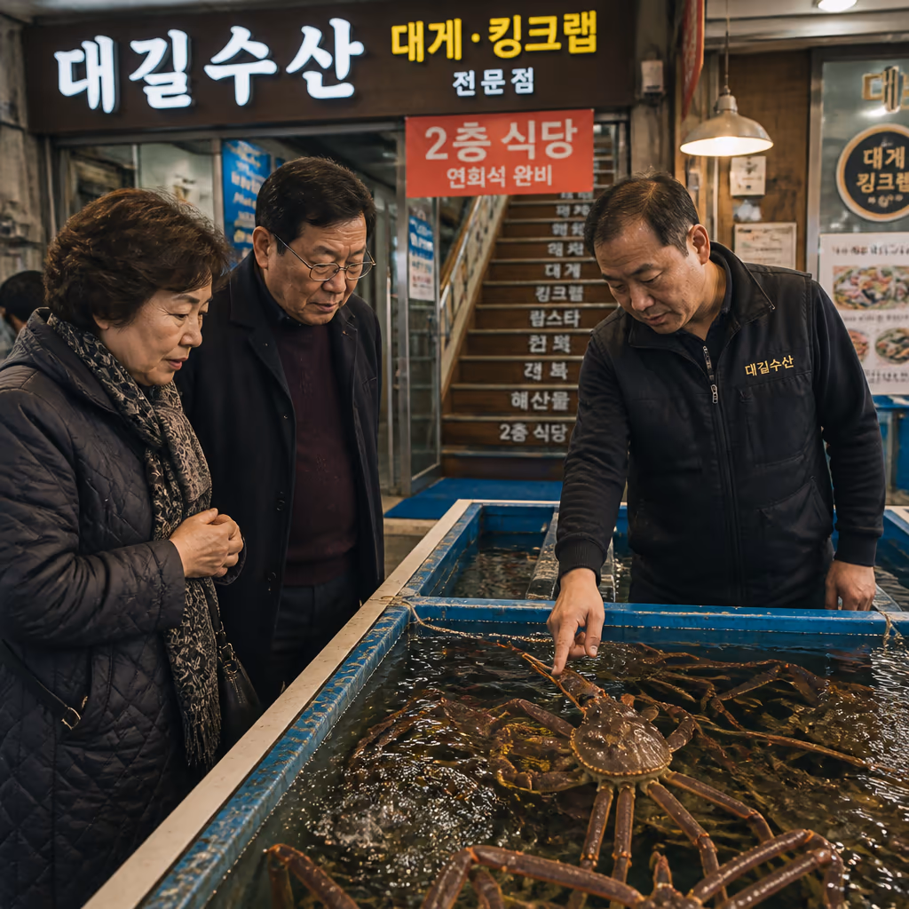 수율 좋은 대게 고르는법 3축 · 다리 마디 단단함·등껍질 광택·무게감, 25년차 0.5초 판별 — 갤러리 3, 기장 청해왕대게 현장 사진