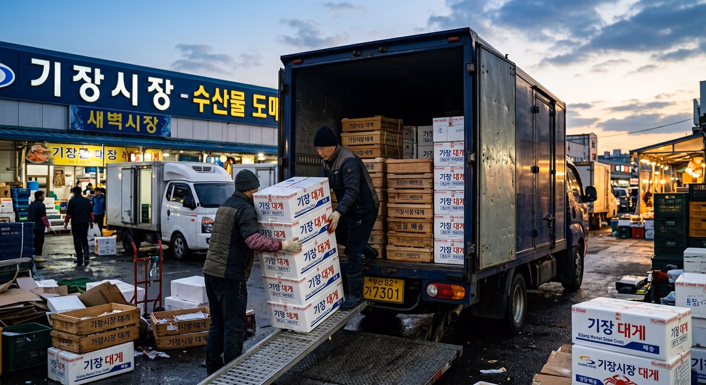 대게 택배 — 산지에서 식탁까지 24시간, 5겹 보냉으로 살아서 도착하는 시스템 전 공개 — 현장 사진 4, 기장 청해왕대게 25년차 활어상 정영진 대표 촬영
