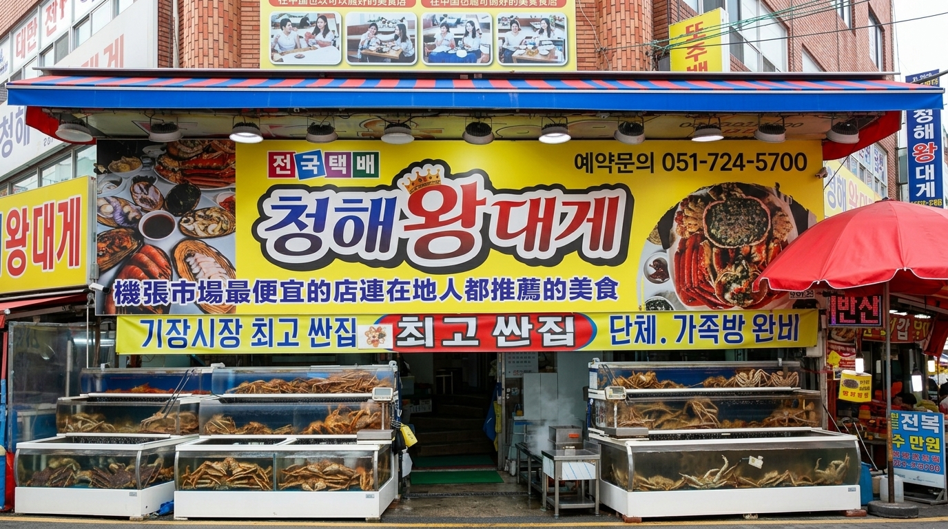 부산 기장시장 안에 있는 청해왕대게 본점 외관 — 25년 같은 자리에서 운영 중인 매장