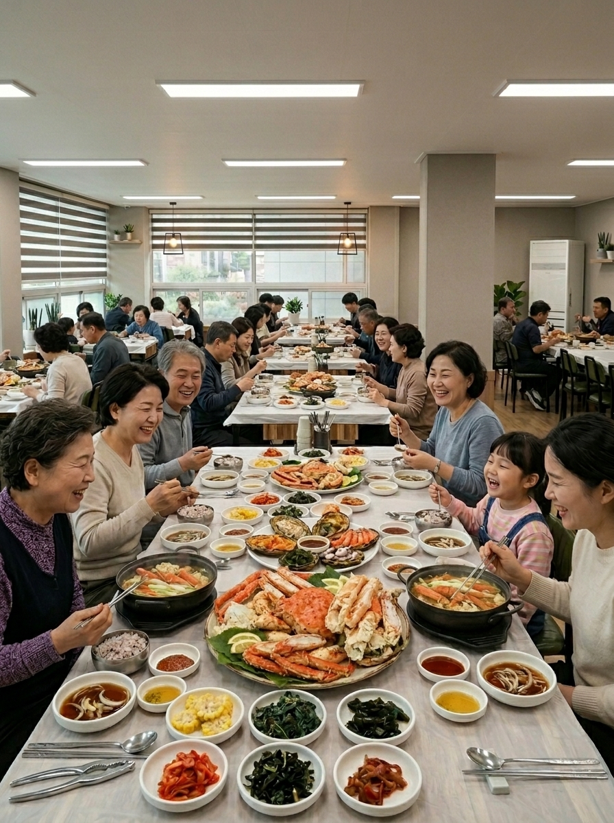 청해왕대게 2층 대형홀 — 최대 100명 단체 수용 가능, 프라이빗 룸 별도