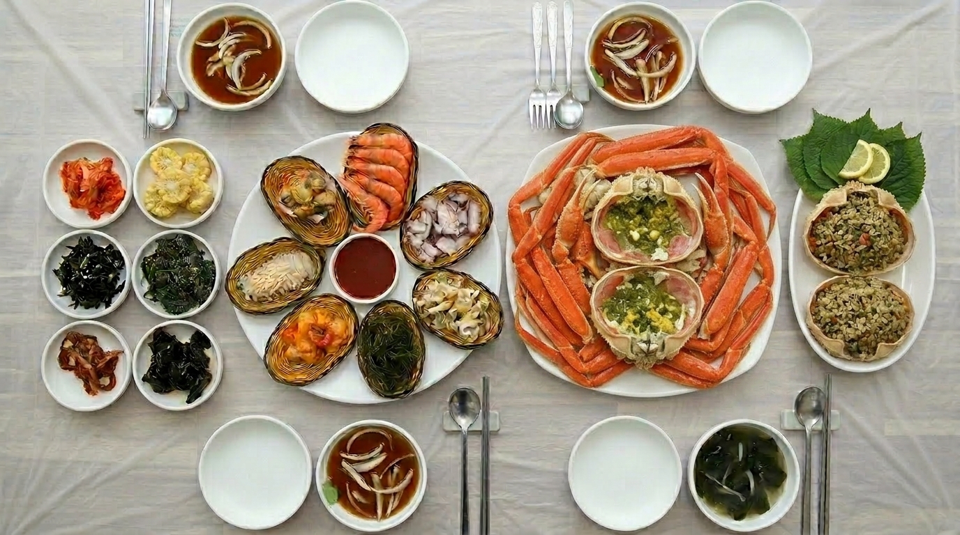 청해왕대게 한상차림 — 활대게 찜·게장 비빔밥·해물탕·반찬이 함께 차려진 모습